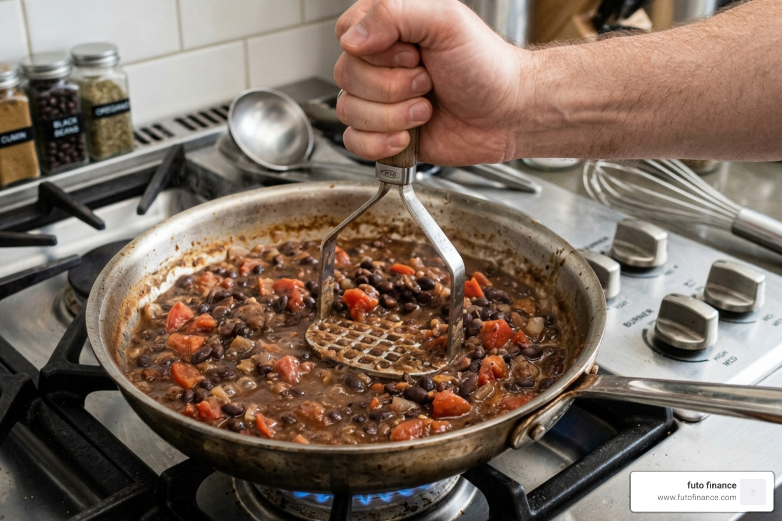 A potato masher being used to thicken a black bean sauce in a pan - black bean pasta recipe vegan