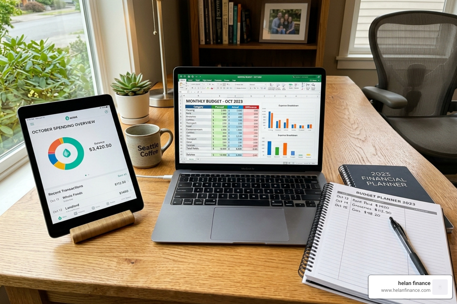 Various budgeting tools including a laptop, a tablet, and a physical planner on a wooden desk - bi weekly bill planner