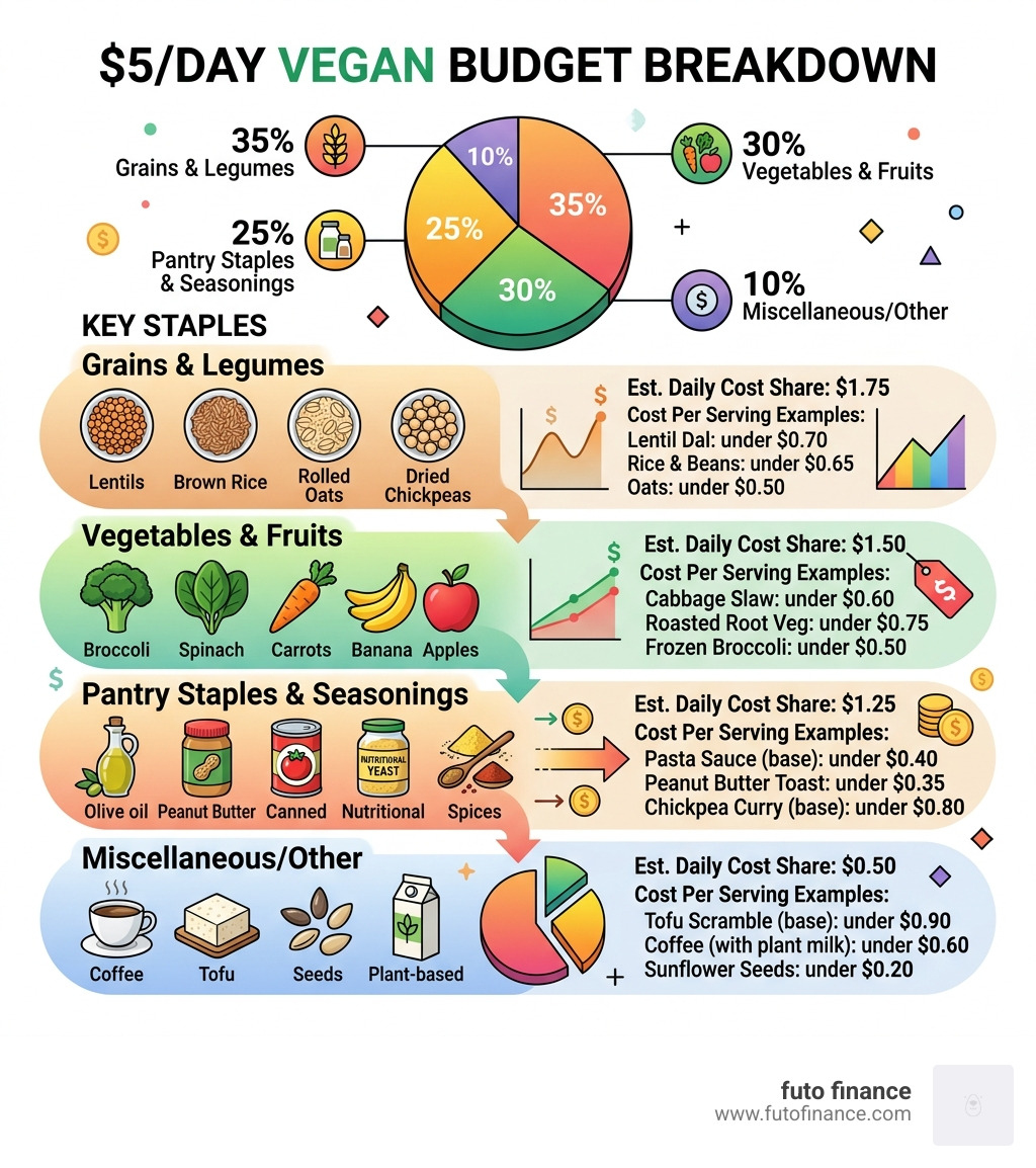 infographic showing $5/day vegan budget breakdown with key staples and cost per serving - low budget vegan cooking