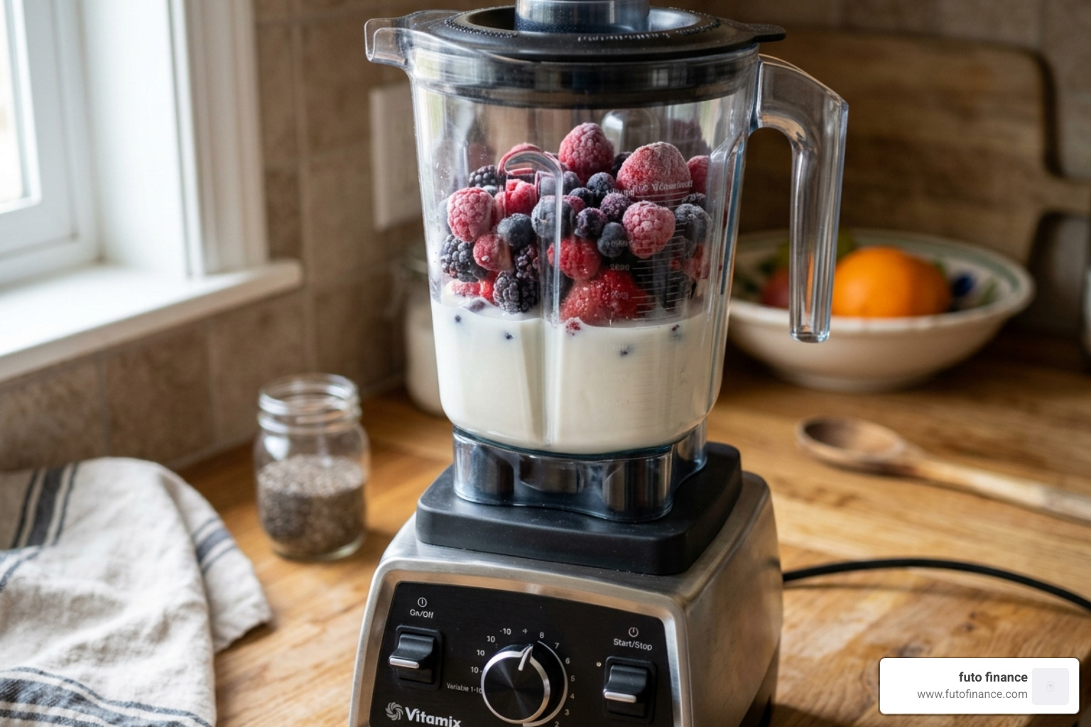 high speed blender with layers of plant milk and frozen berries - healthy vegan berry smoothies