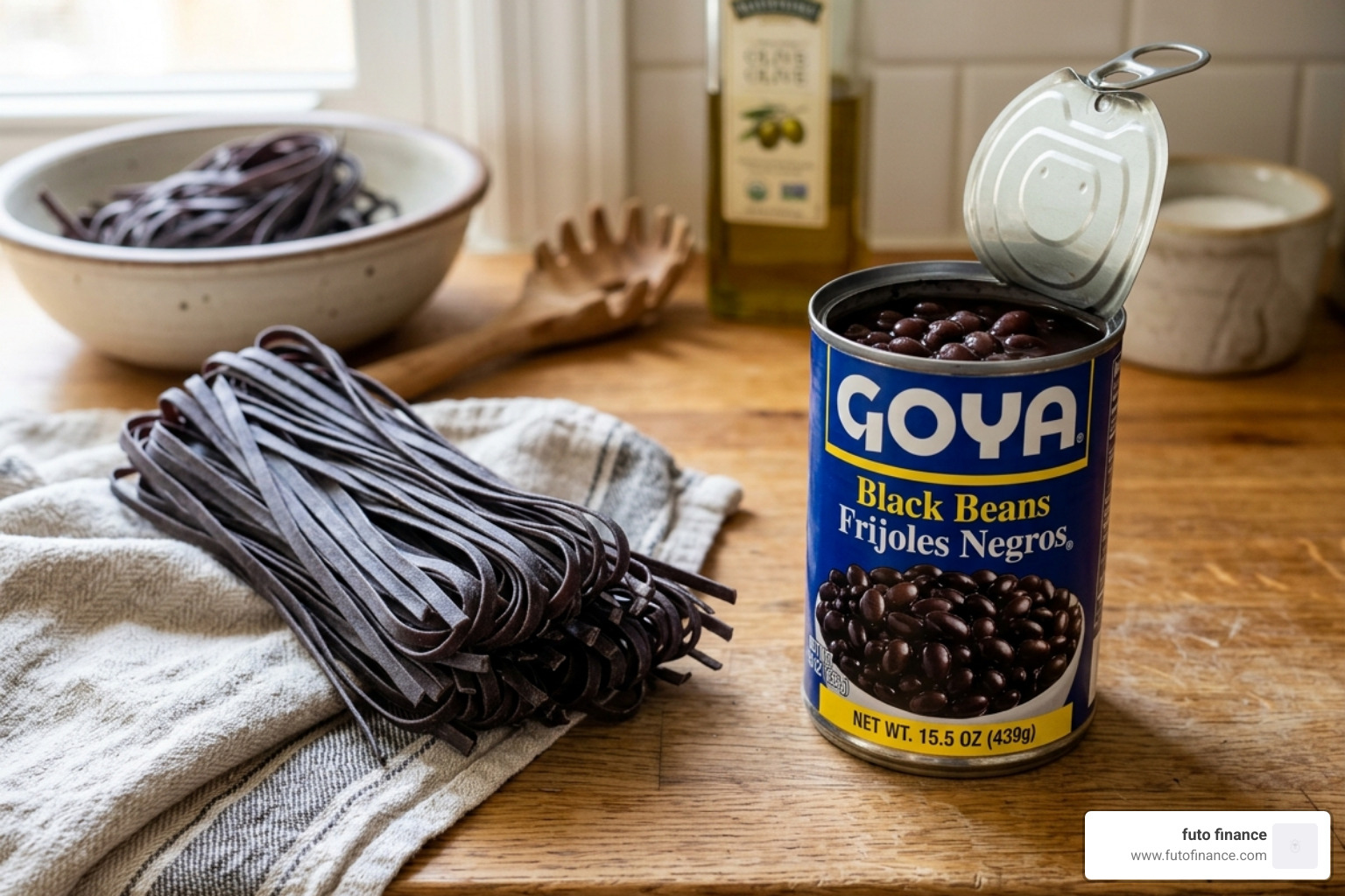 dry black bean fettuccine next to canned black beans - black bean pasta vegan recipe