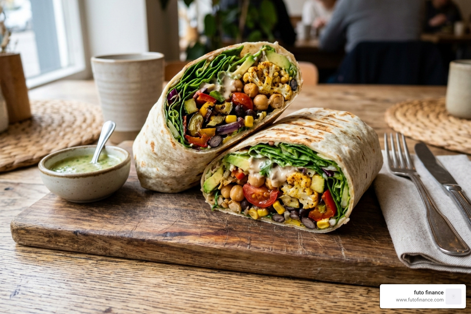 a vegan salad wrapped in a large flour tortilla - vegan salad meal prep