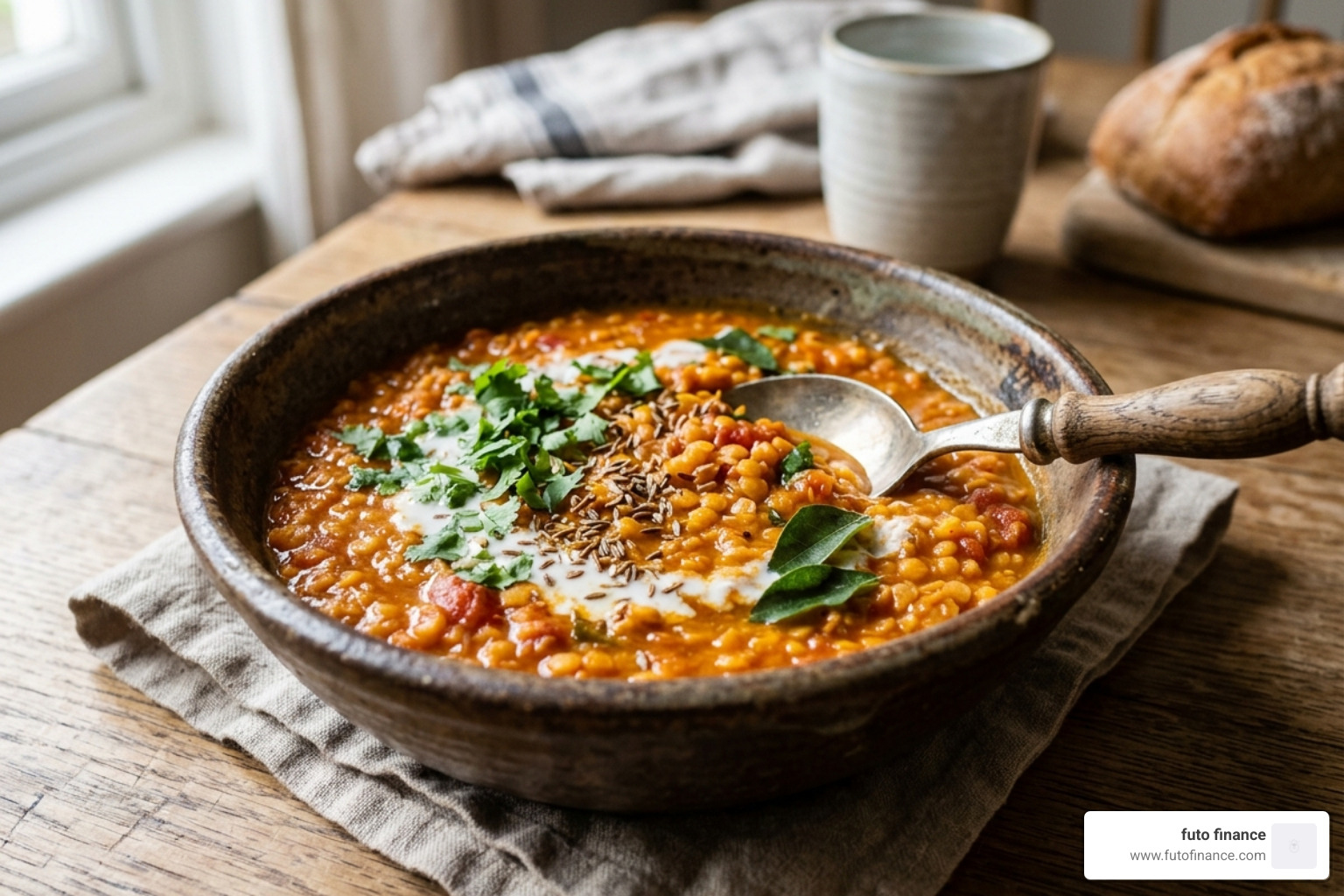 one-pot red lentil dahl in a rustic bowl - vegan recipes cheap and easy