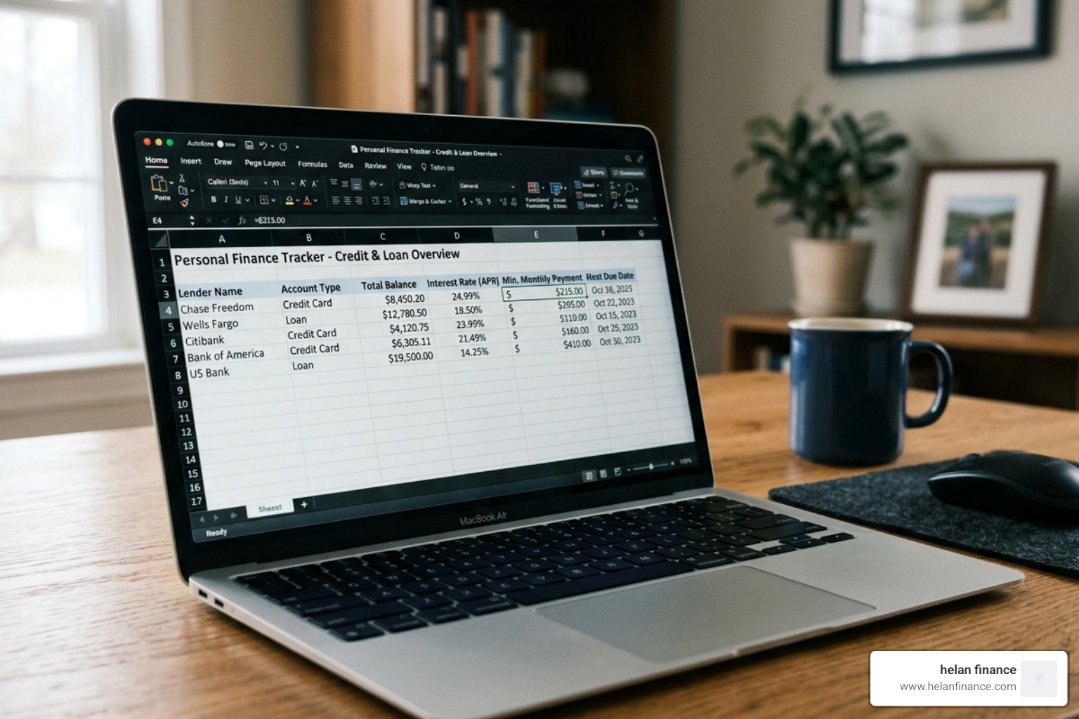 detailed financial spreadsheet showing debt inventory and interest rates - debt free in one year