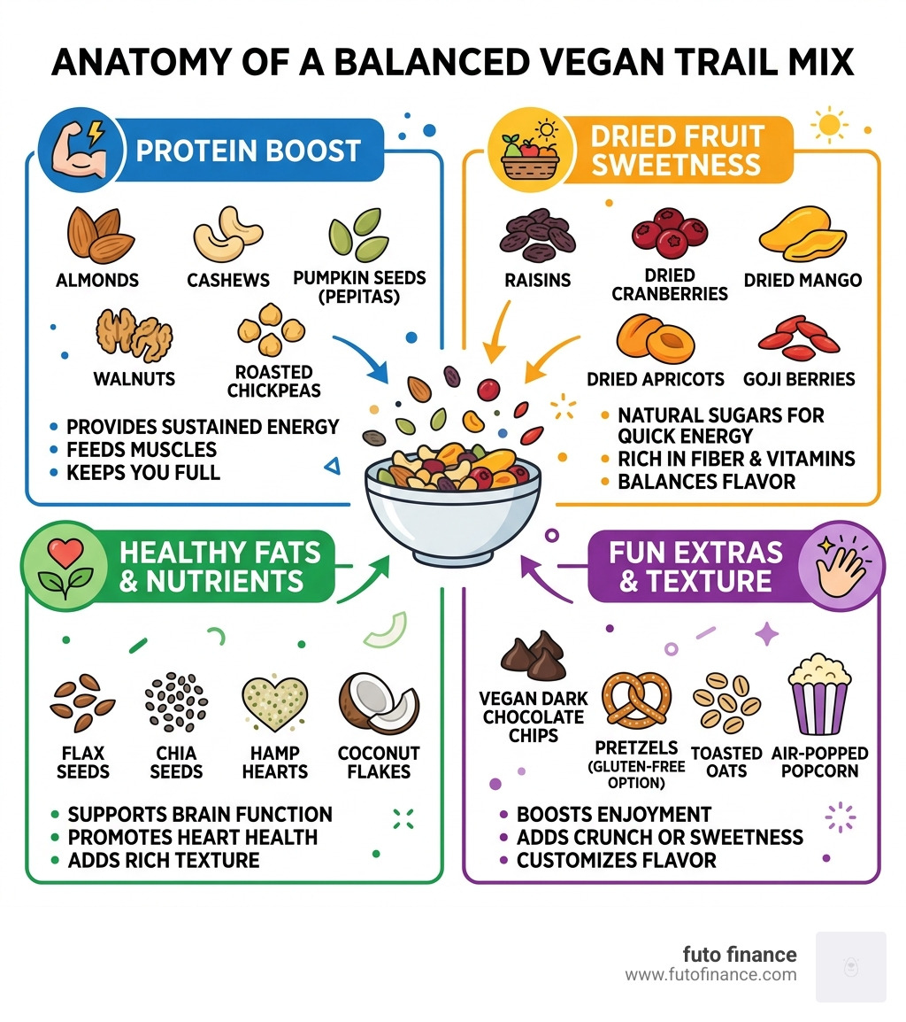 Anatomy of a balanced vegan trail mix showing proteins, dried fruits, healthy fats, and extras - healthy student vegan trail