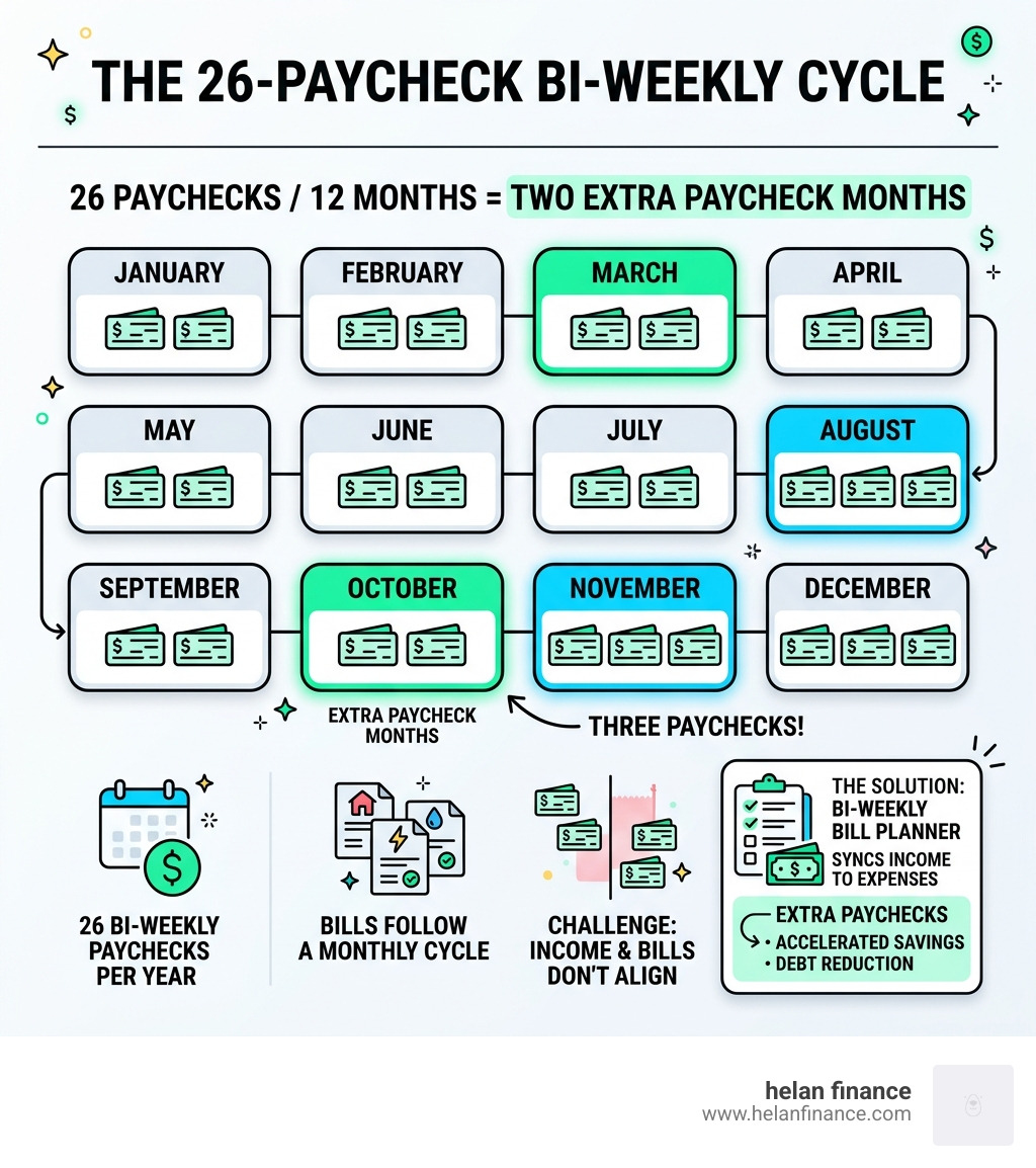 Infographic showing the 26-paycheck annual cycle with two extra paycheck months highlighted - bi weekly bill planner