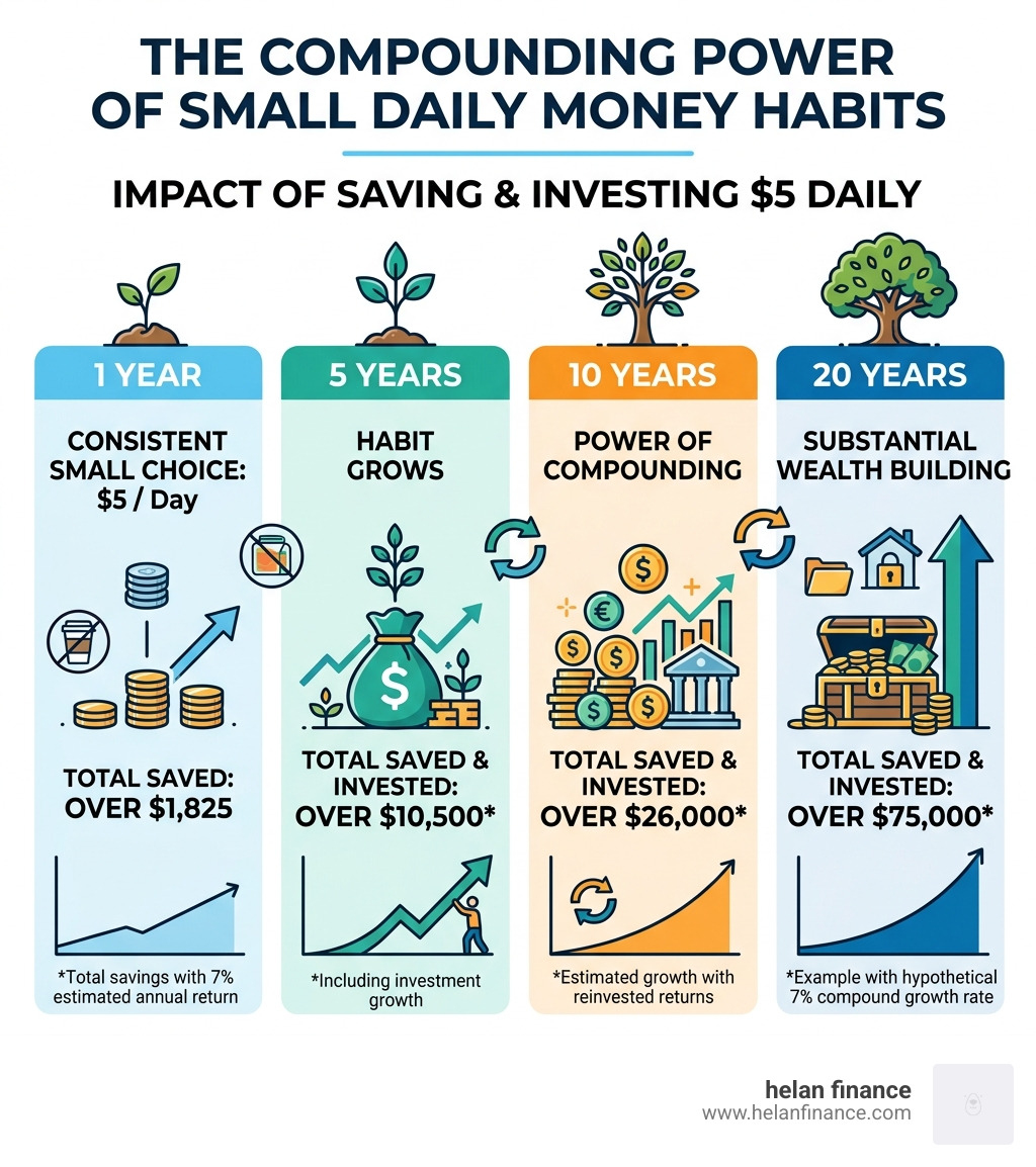 Infographic showing compounding effect of small daily money habits over 1, 5, 10, and 20 years - daily money habits
