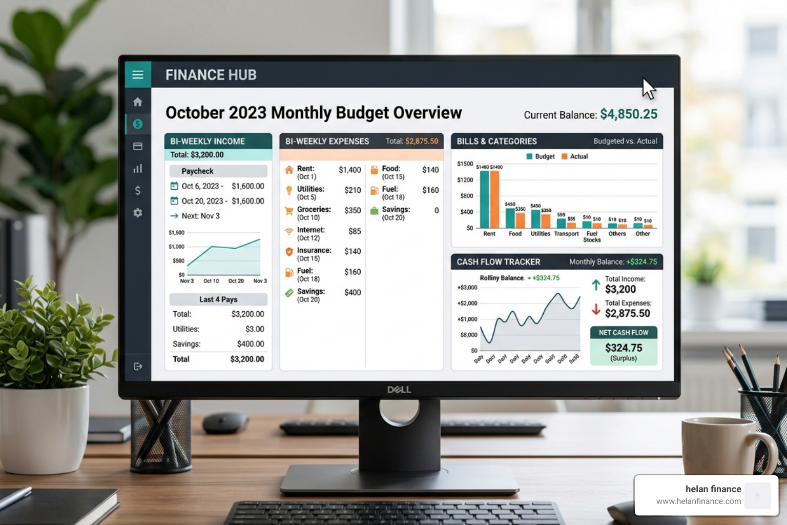 A digital budget dashboard showing bi-weekly income and expense columns - bi weekly bill planner