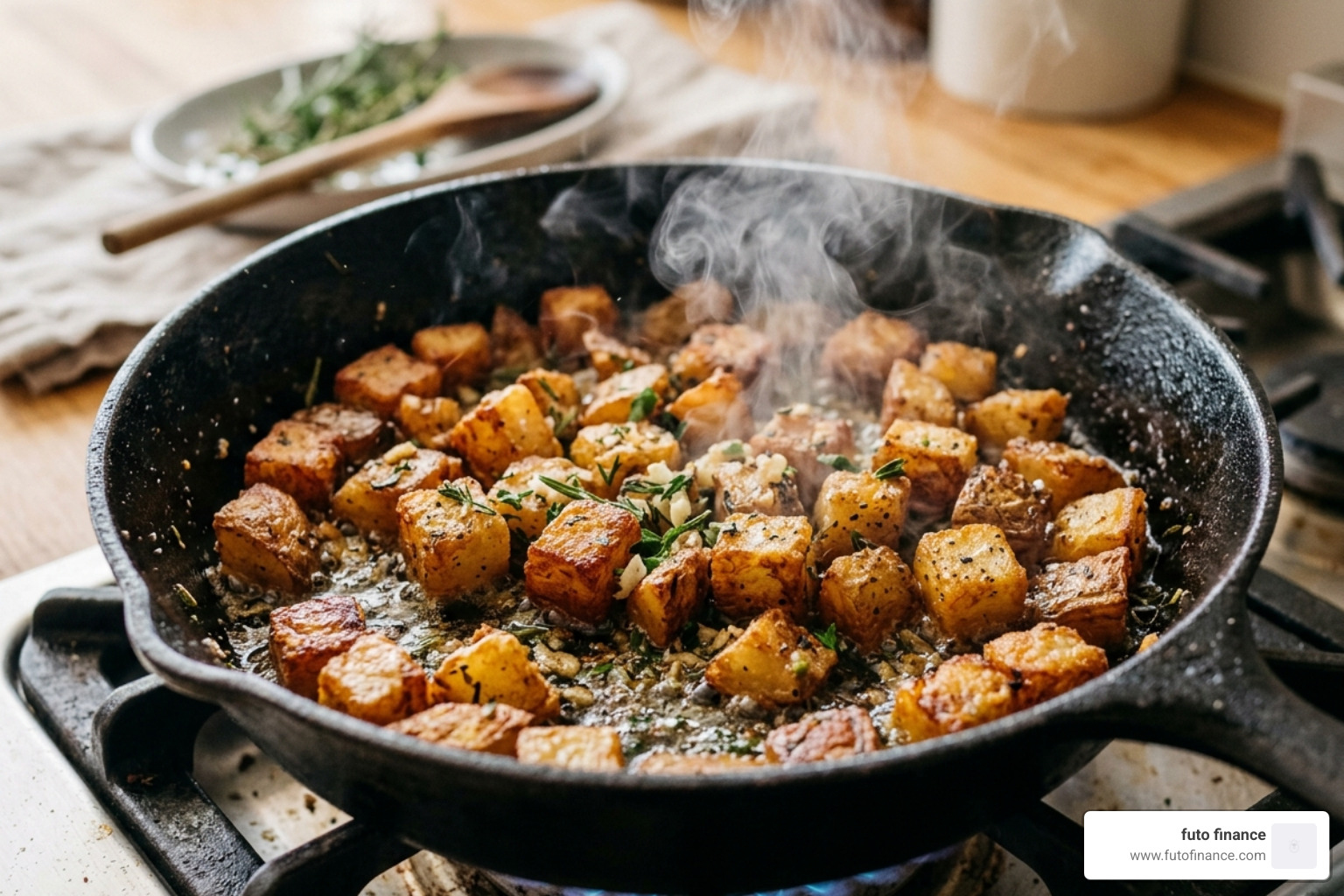 A close-up of golden-brown, crispy potato cubes sizzling in a cast-iron skillet with herbs - microwave vegan breakfast