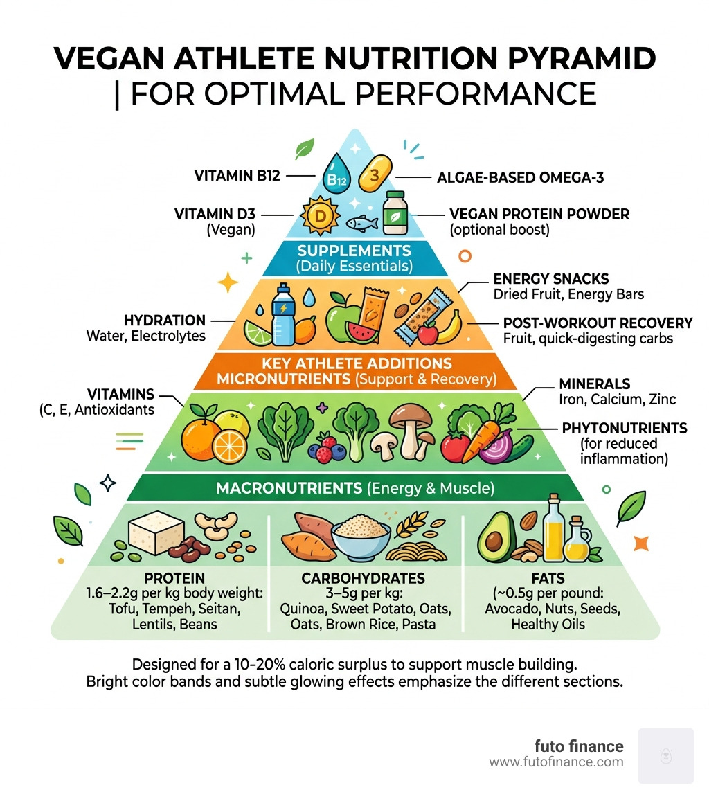 Vegan athlete nutrition pyramid showing macros, micros, and supplement tiers - vegan workout and meal plan infographic 