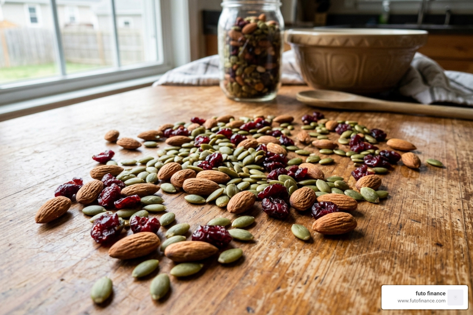 A variety of raw almonds, pumpkin seeds, and dried cranberries ready for mixing - healthy student vegan trail mix