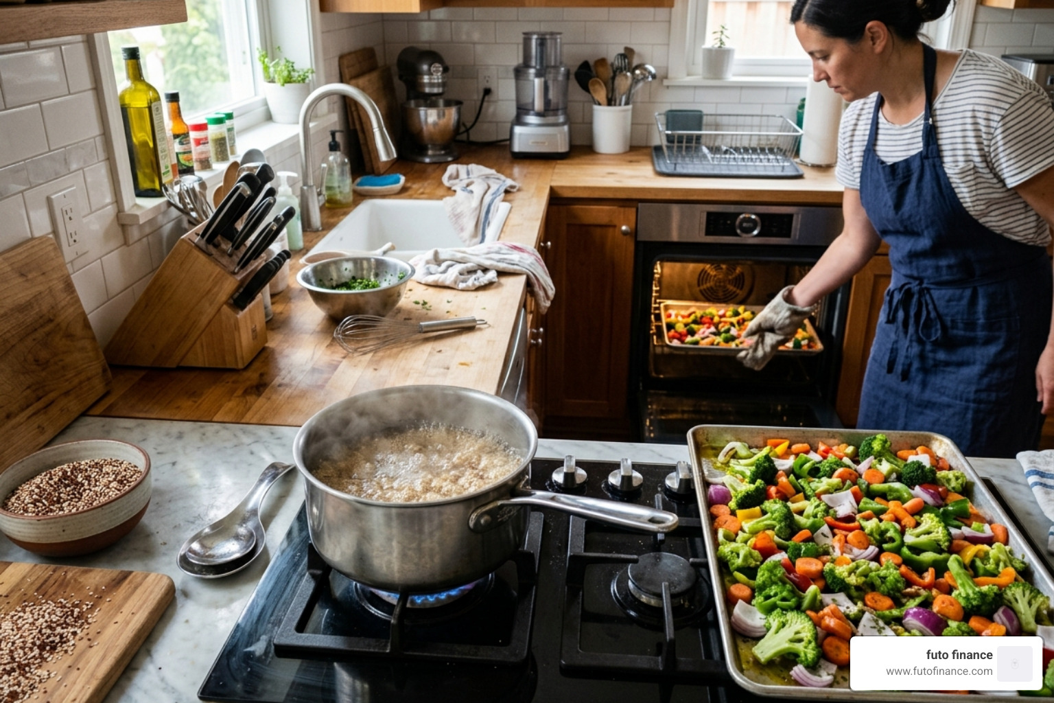 A 1-hour kitchen workflow showing overlapping tasks like boiling grains and roasting veggies - vegan high protein meal prep