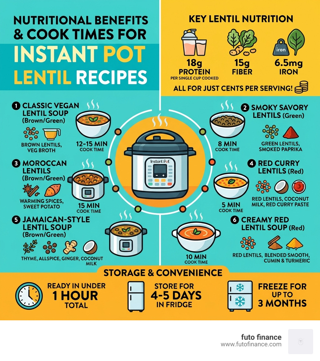 Infographic showing nutritional benefits and cook times for instant pot vegan lentil recipes - instant pot vegan lentil