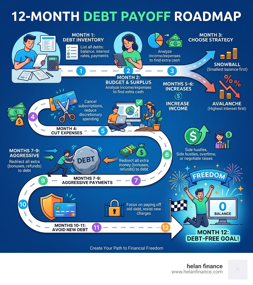 12-month debt payoff roadmap with steps from debt inventory to debt-free goal - debt free in one year infographic 