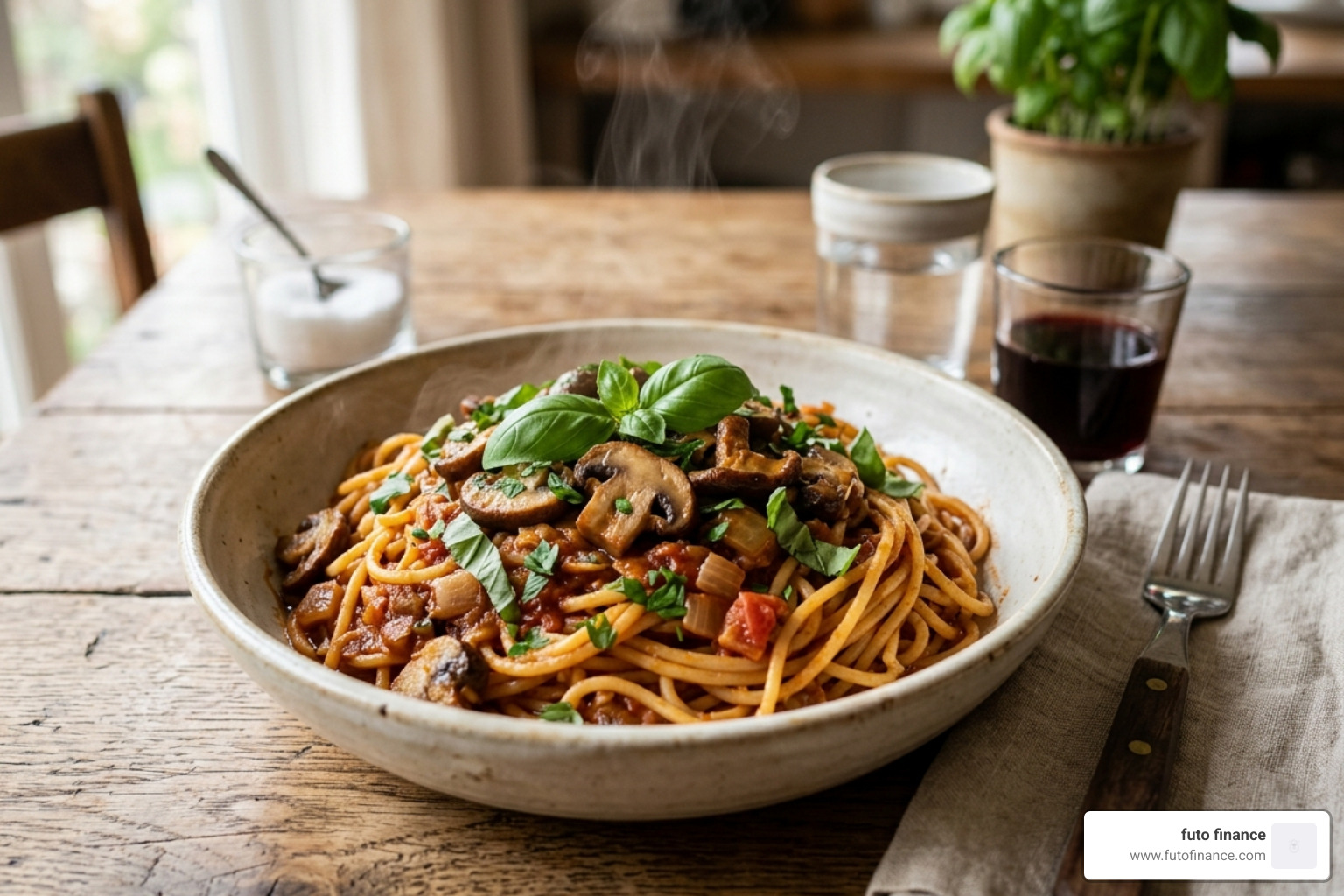 A steaming bowl of one-pot vegan spaghetti with mushrooms and fresh basil - simple pasta recipes vegan