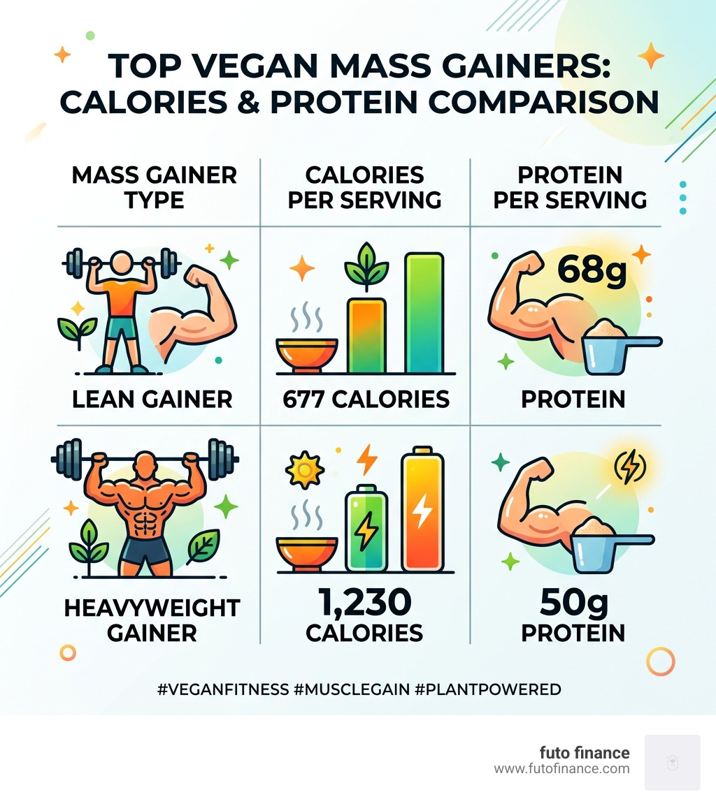 A table comparing the calorie and protein content of top vegan mass gainers - plant based protein powder for weight gain