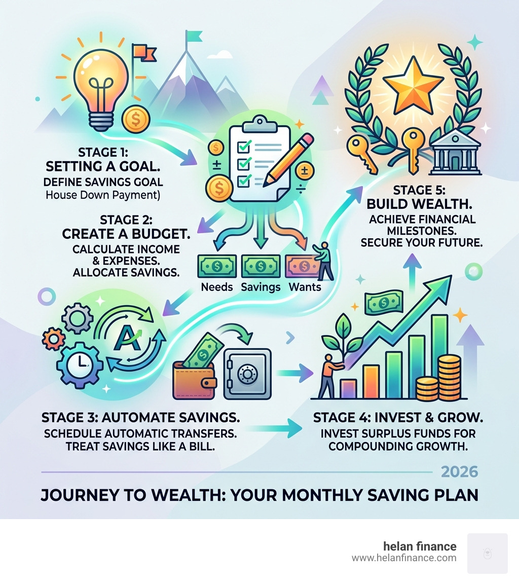 Step-by-step journey of a monthly saving plan from goal setting to wealth building - monthly saving plan infographic 