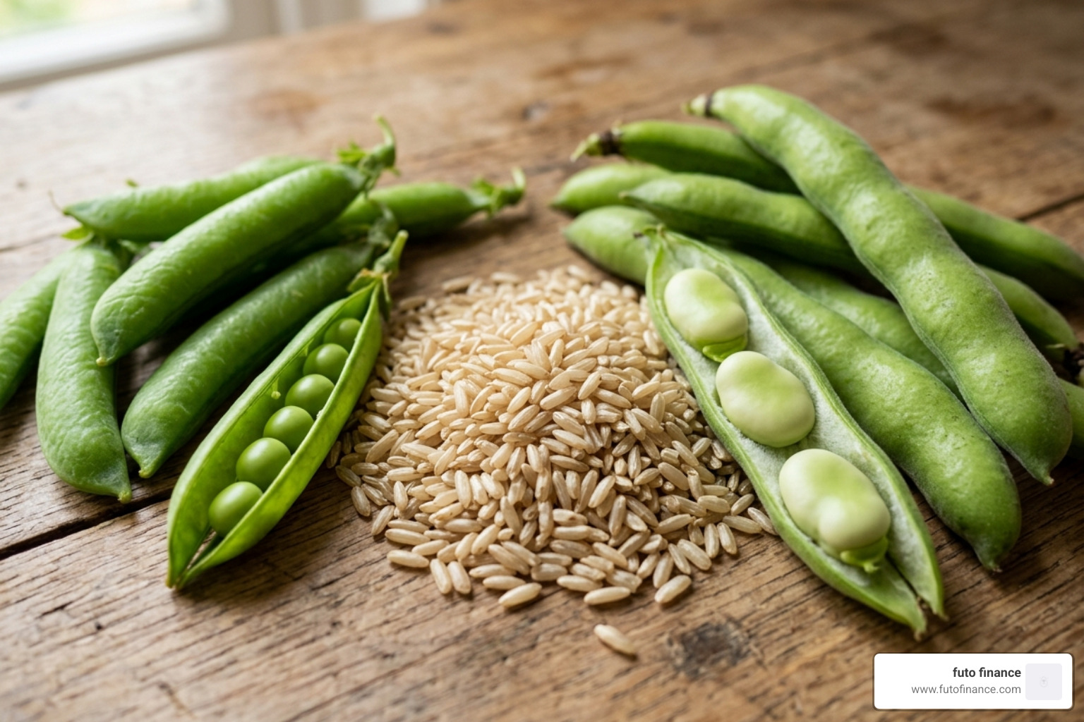 Various plant protein sources like peas, brown rice, and fava beans used in mass gainers - plant based protein powder for