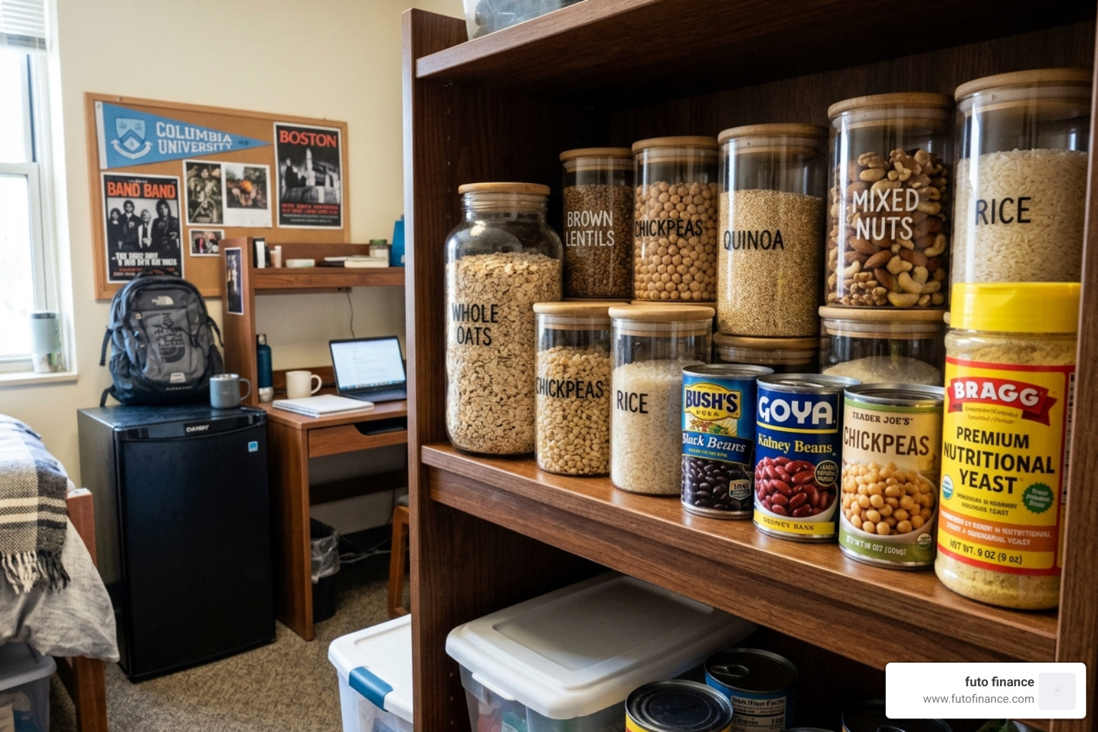 organized dorm pantry with jars of grains and nuts - college vegan meal plans