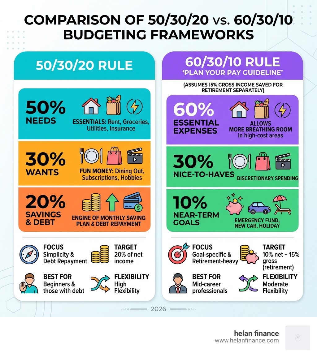 Comparison of 50/30/20 vs 60/30/10 budgeting frameworks - monthly saving plan infographic 