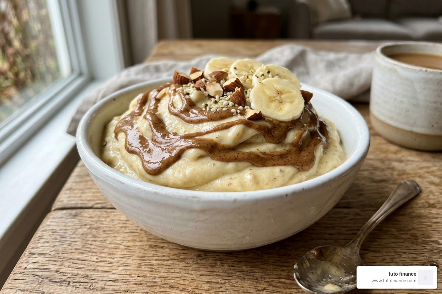 A bowl of creamy banana nice cream topped with a drizzle of almond butter - late night vegan snack ideas