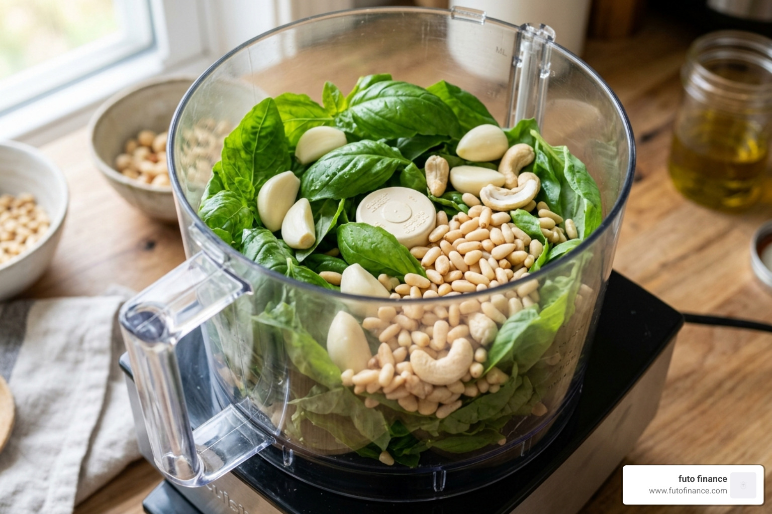 Food processor filled with fresh basil, garlic, and nuts - creamy pesto vegan
