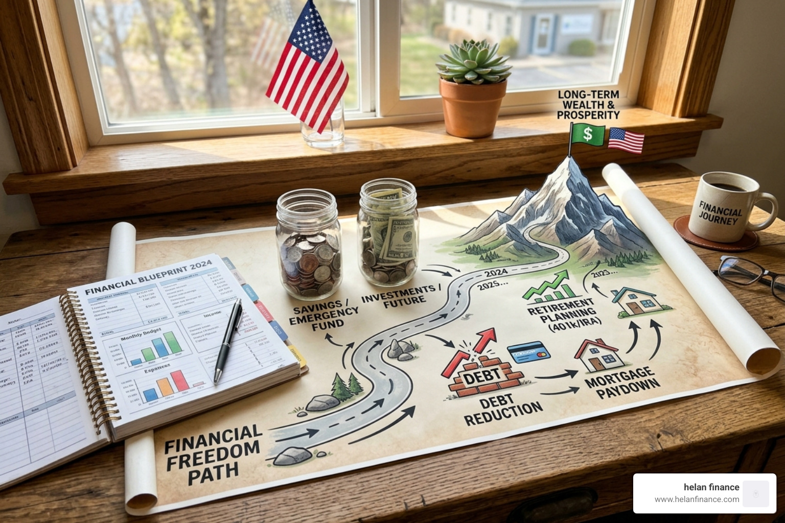 A financial roadmap showing the journey from budgeting to long-term wealth - budget coaching