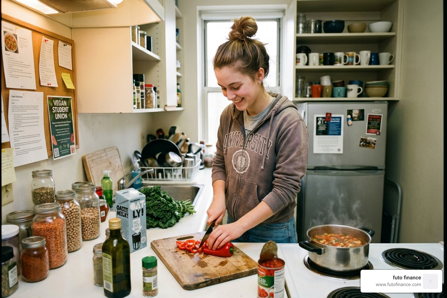 Student prepping vegan meals in a small university kitchen - vegan meal prep lunches