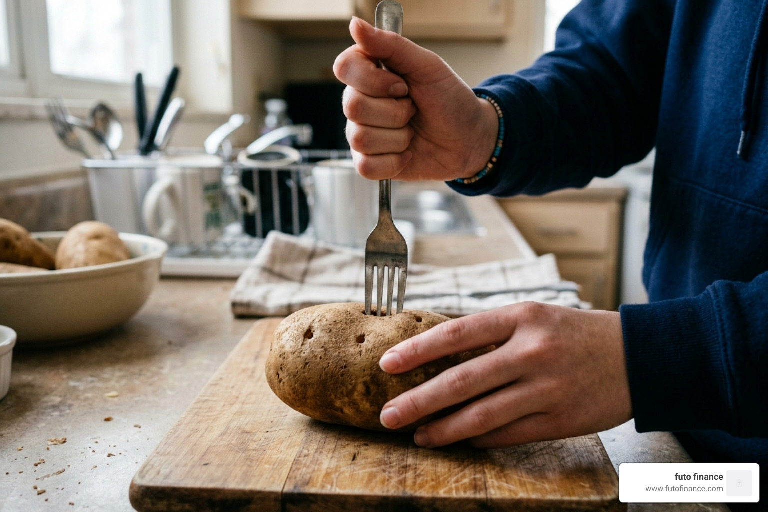 A student hand piercing a large Russet potato with a silver fork to allow steam to escape - microwave vegan breakfast