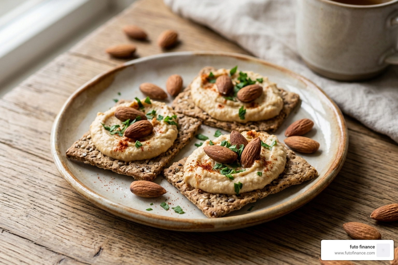 A balanced snack plate featuring whole grain crackers, hummus, and a few almonds - late night vegan snack ideas