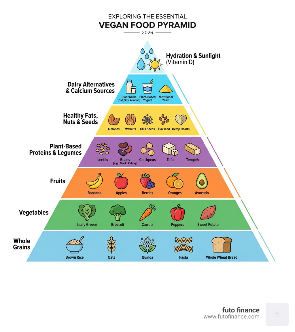 Vegan food pyramid showing essential plant-based food groups from grains to fruits and proteins - vegan grocery list