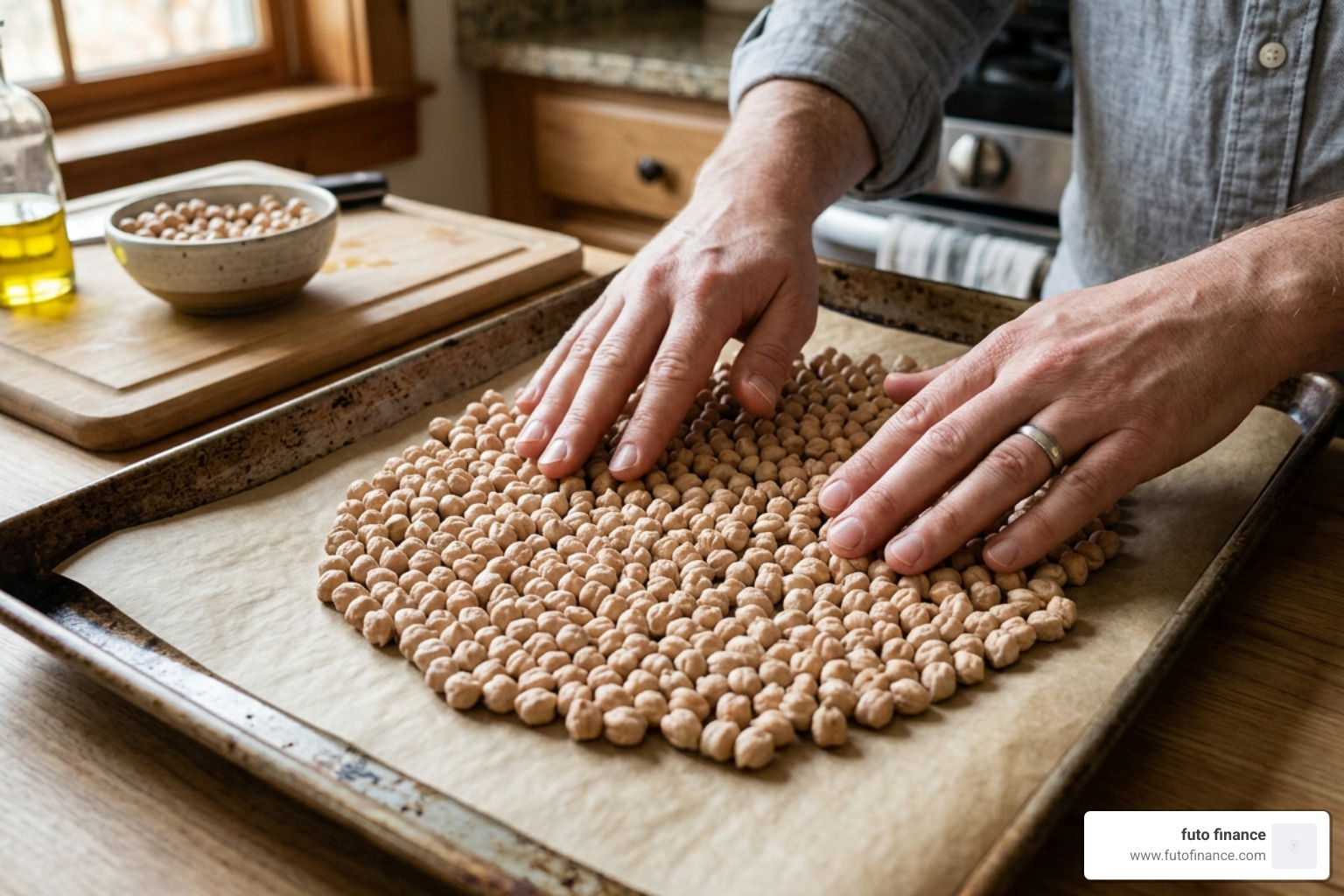 roasted chickpeas spreading on a baking sheet - affordable vegan chickpea snacks