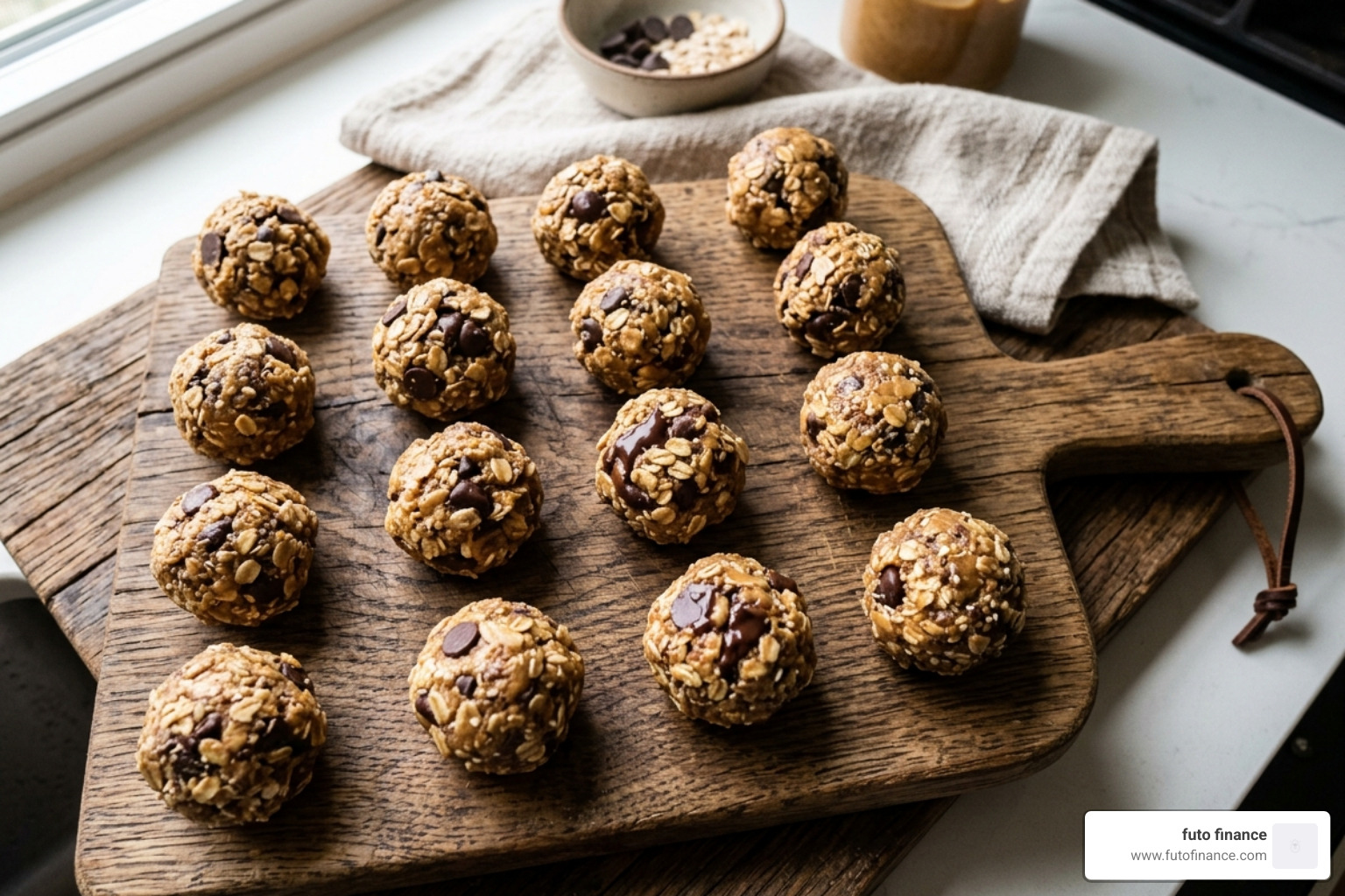 homemade chocolate chip protein balls on a wooden board - high-protein vegan snacks on the go