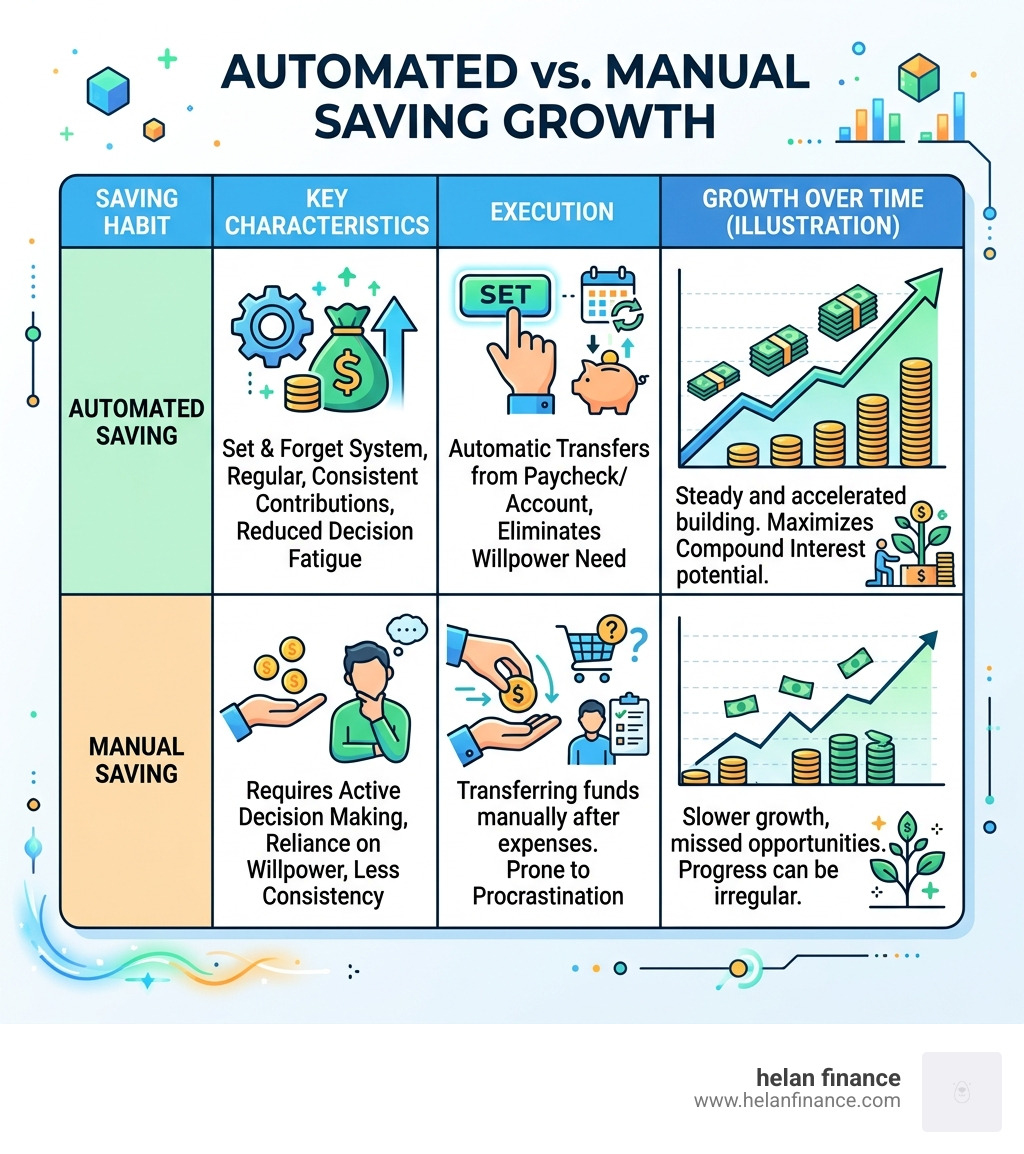 Automated vs manual saving growth comparison table - financial habits for wealth building infographic 