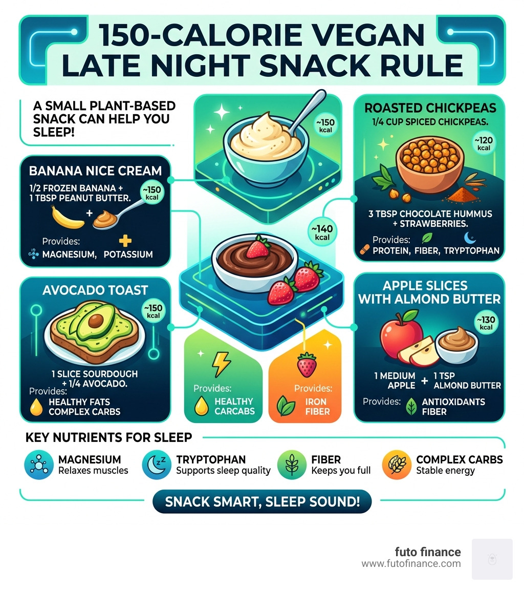 Infographic showing the 150-calorie vegan late night snack rule with examples and key nutrients - late night vegan snack