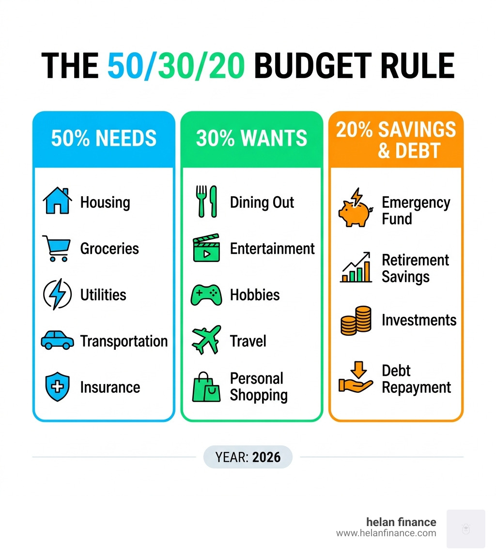 Infographic showing the 50/30/20 budgeting rule: 50% needs, 30% wants, 20% savings and debt - budget template infographic 