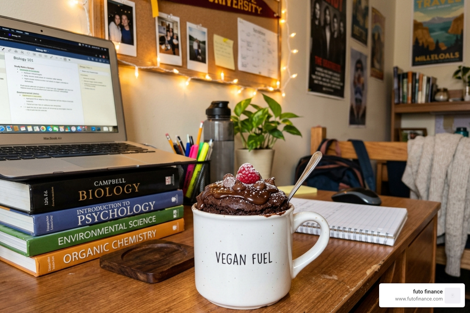 vegan chocolate mug cake in a dorm room - dorm friendly vegan desserts
