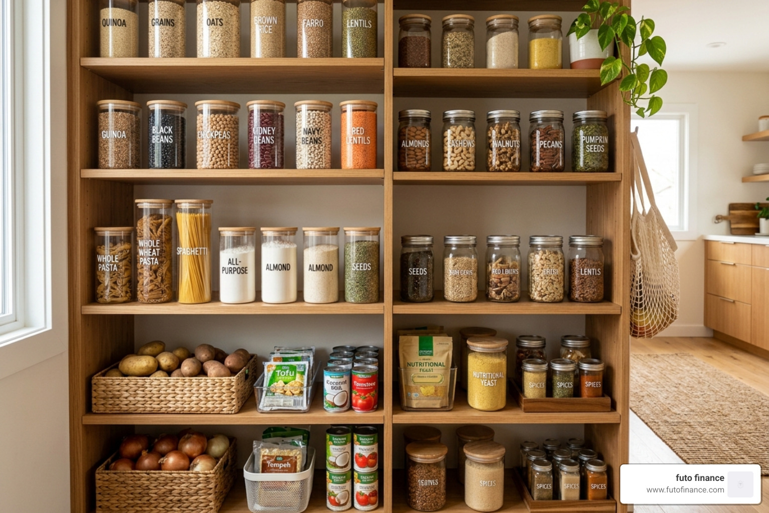 A beginner-friendly vegan pantry stocked with jars of grains, beans, and nuts - vegan for beginners