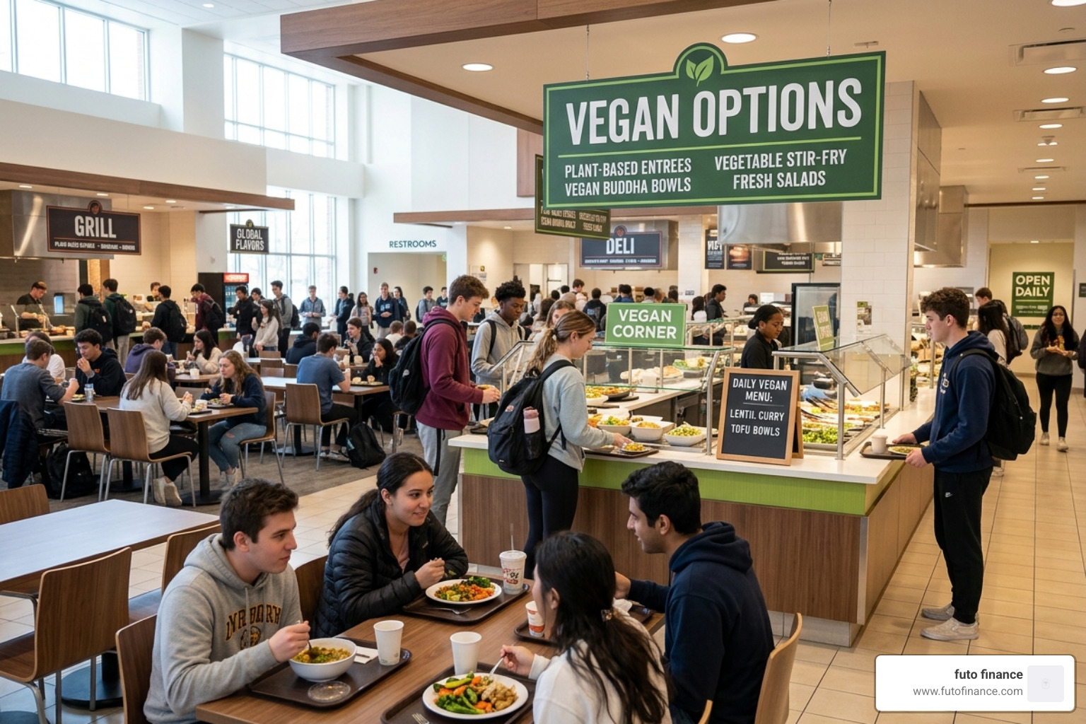 university dining hall with clear vegan signage - college vegan meal plans