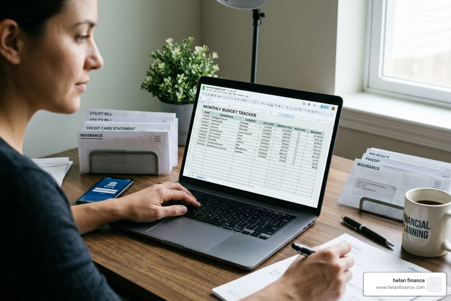 person tracking daily transactions on a mobile device and spreadsheet - bills and expenses spreadsheet