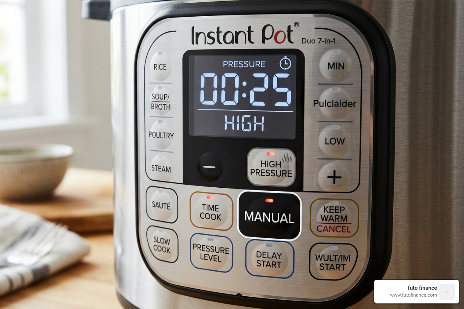 Instant Pot control panel with high pressure and manual settings - instant pot vegan lentil recipes