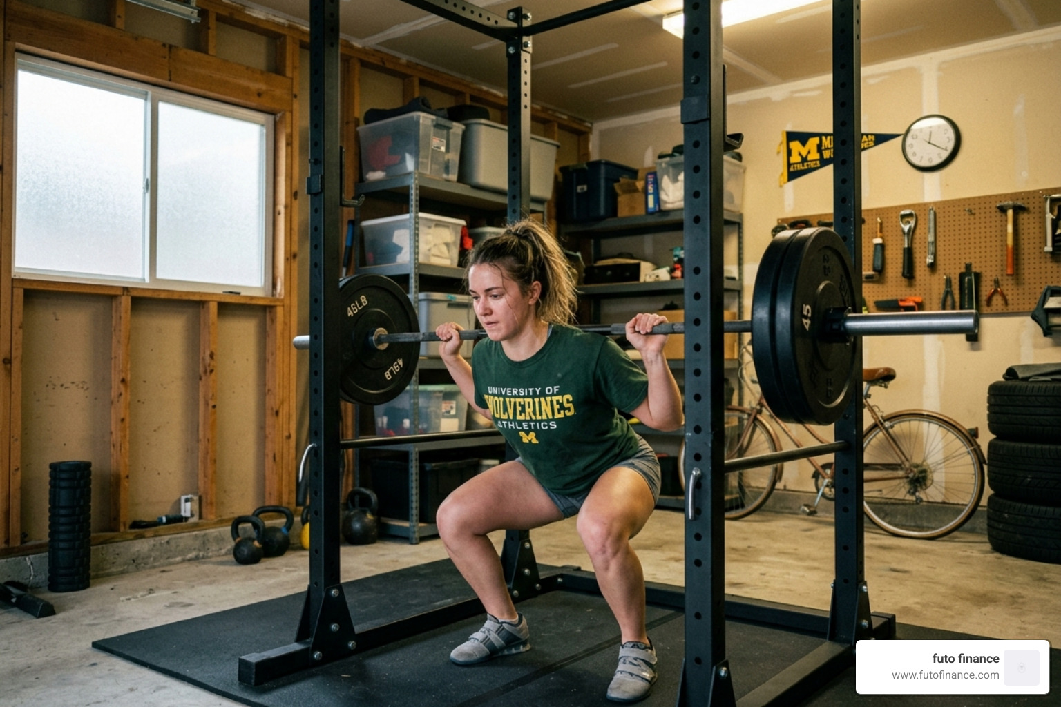 A university student athlete focused on lifting weights in a home gym setting - vegan workout and meal plan