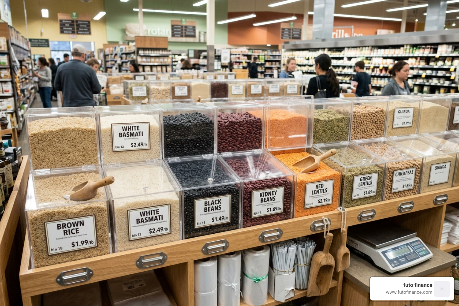 bulk bins at a grocery store filled with rice, beans, and lentils - vegan grocery list