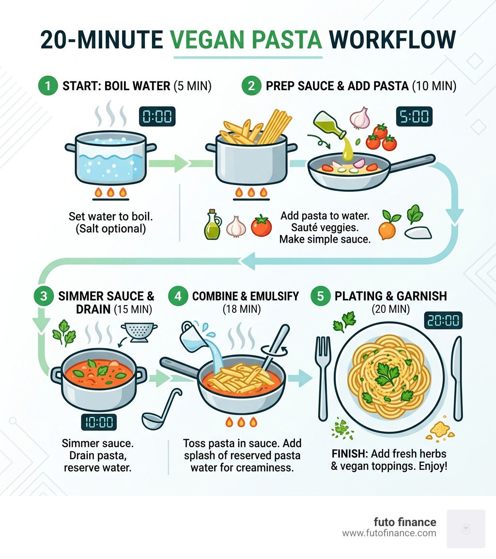 20-minute vegan pasta workflow infographic showing steps from boiling water to plating - simple vegan pasta meals