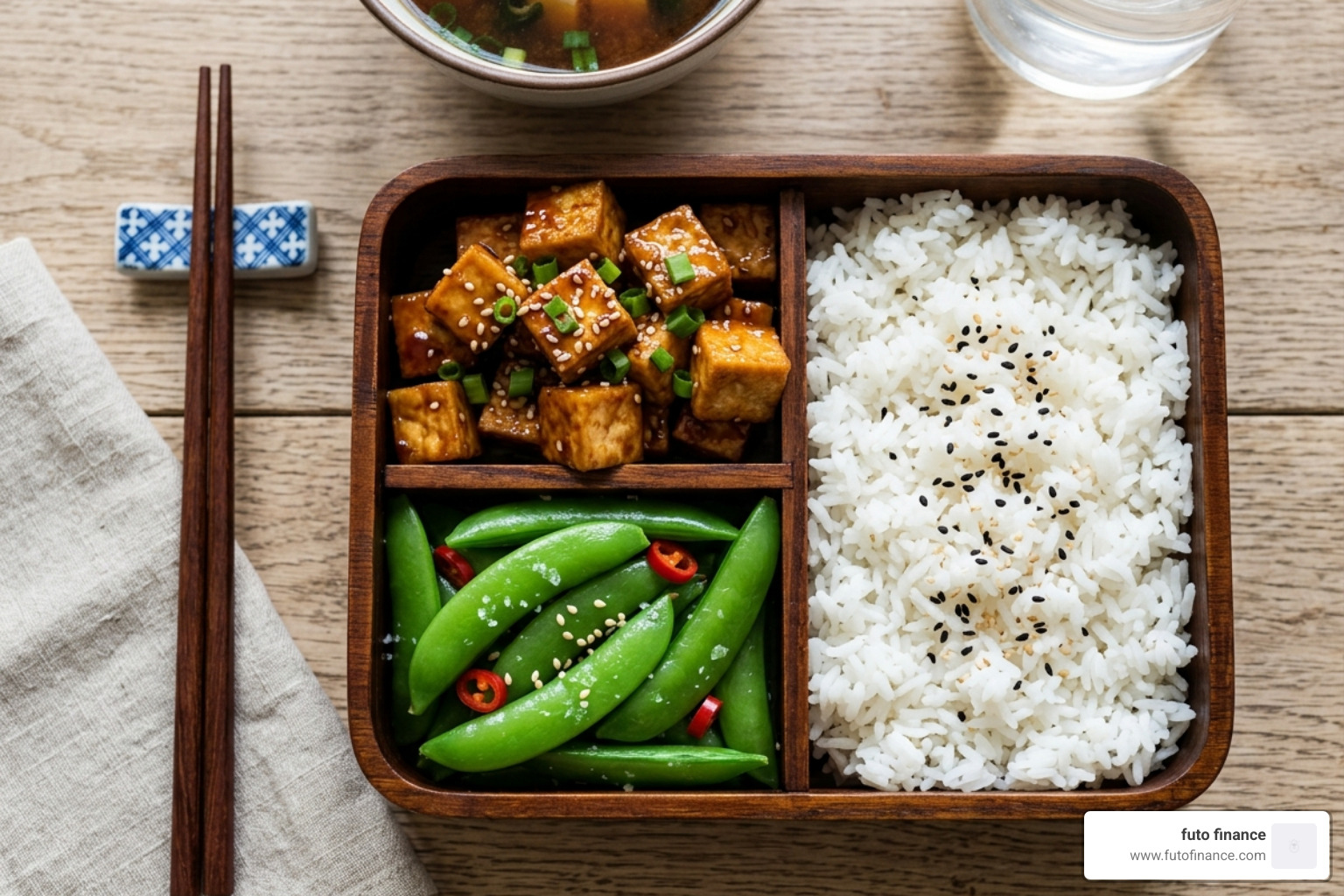 A compartmentalized bento box with glazed tofu, white rice, and bright green snap peas - vegan lunch box recipes