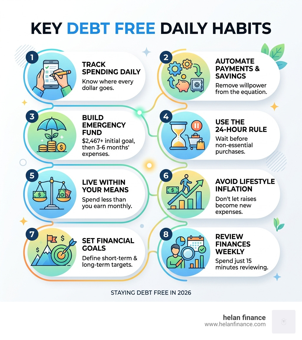 Key debt free daily habits infographic showing 8 habits with brief descriptions - debt free daily habits infographic 