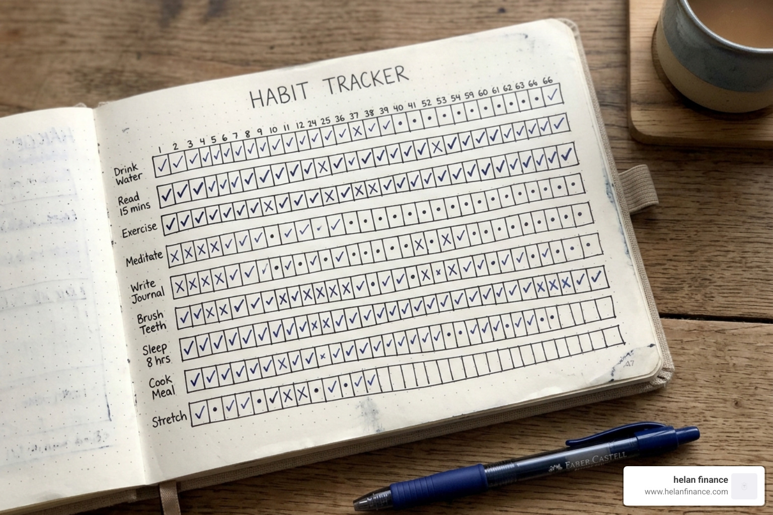 a 66-day habit tracker with checkmarks showing consistent progress - financial habits for wealth building