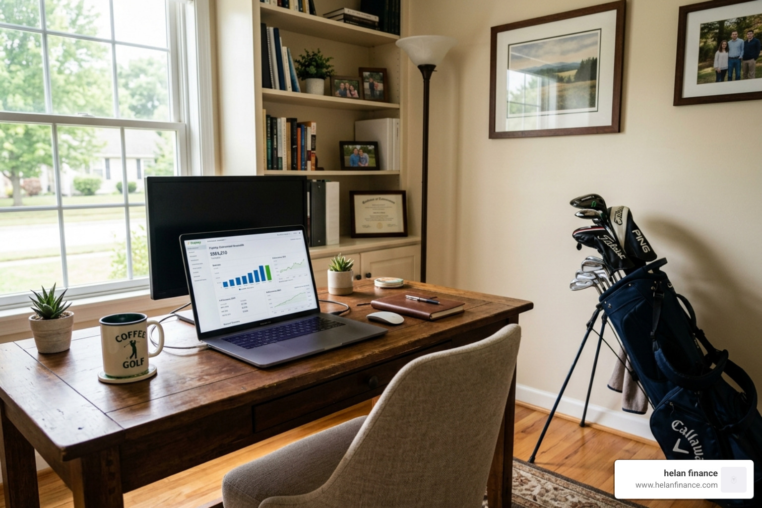 Home office setup with a laptop showing retirement account balances and a set of golf clubs in the corner - personal