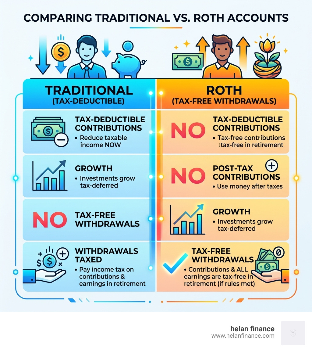 Table comparing Traditional vs. Roth retirement accounts: tax-deductible vs. tax-free withdrawals - personal retirement plan