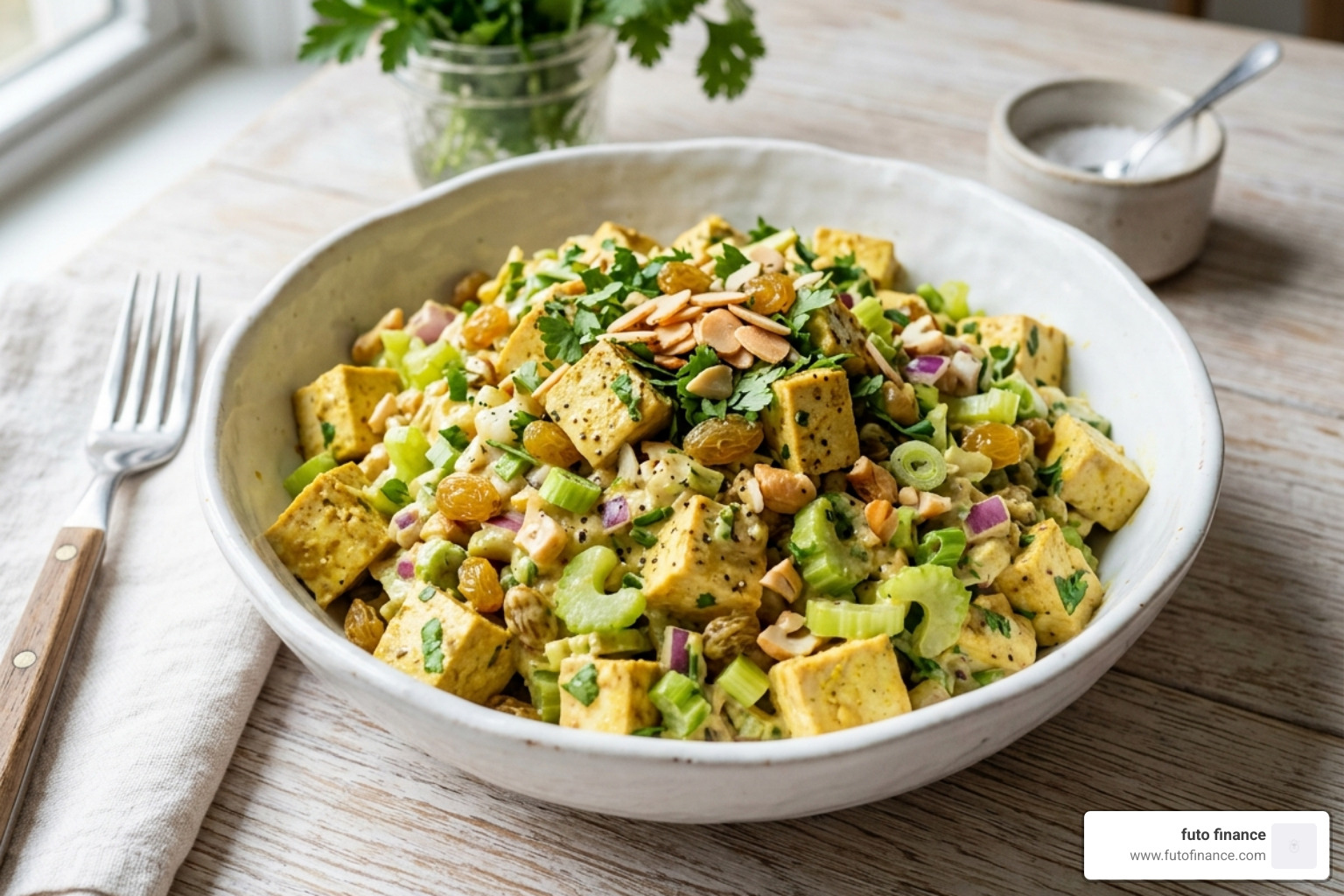 Creamy curried tofu salad with raisins and celery - no cook vegan salads